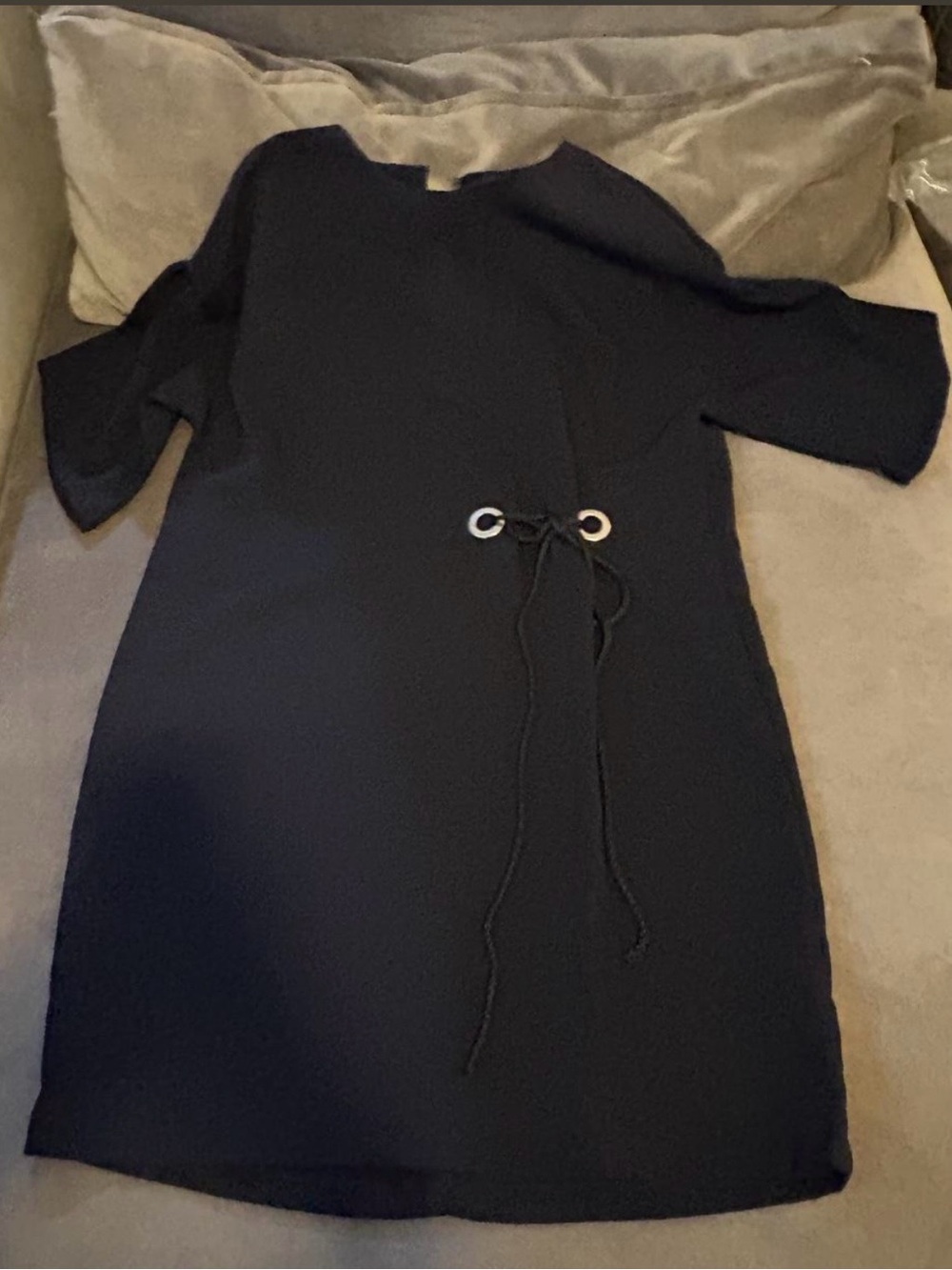 Zara Black Midi Shift Dress with Waist Tie and Grommet Detail
